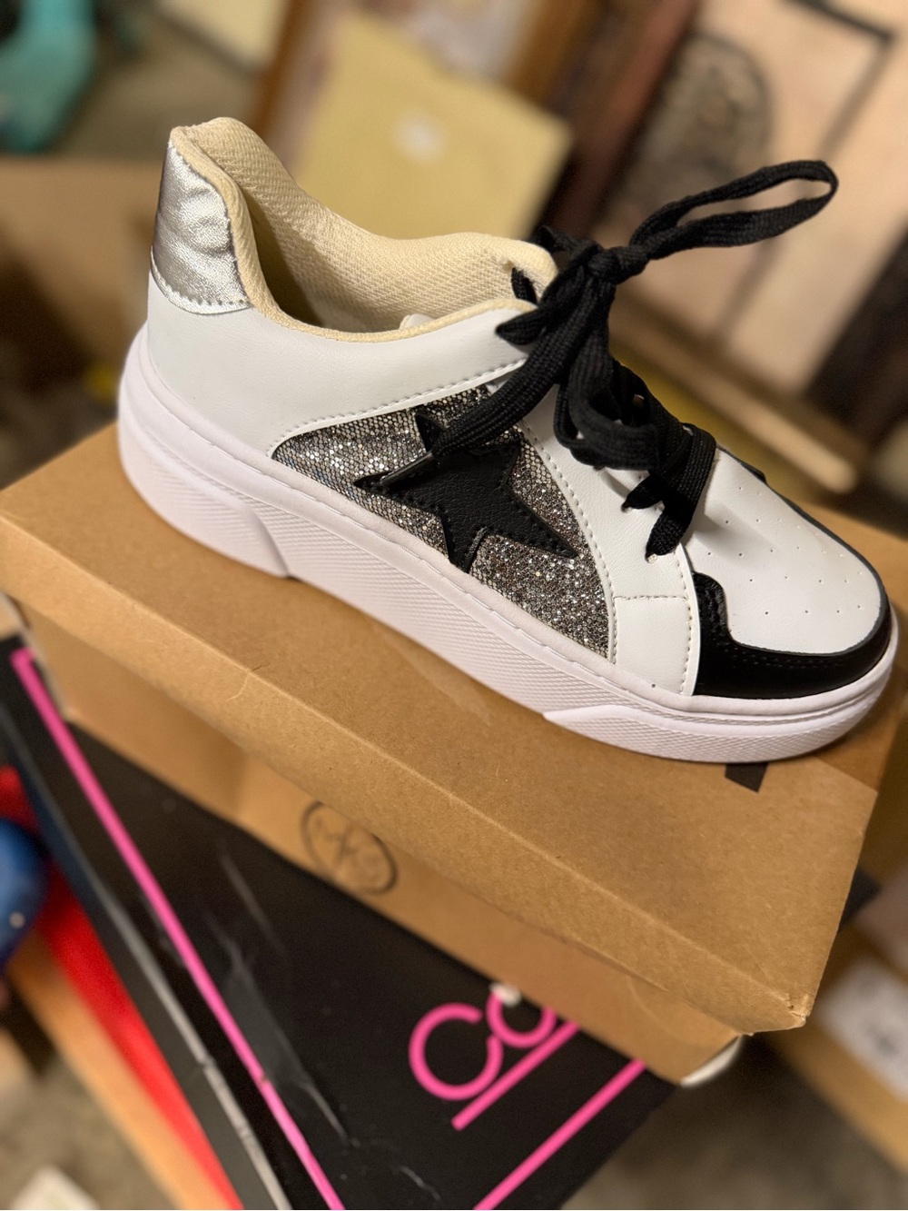 Mks women’s White and Black Star Accent Sneakers with Silver Glitter